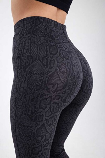 Moije Women's Black Snake Patterned Anthracite Lycra Flared High Waist Ribbed...