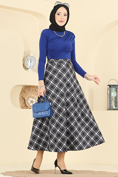 ModaMerve Ekose Desenli Scuba Etek 8034TEG847-MS Siyah