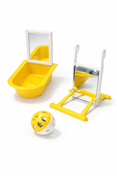 Papağanhane Kuş Oyuncak Seti 3’lü Sarı – Aynalı Banyo Küveti, Aynalı Tünek Sa...