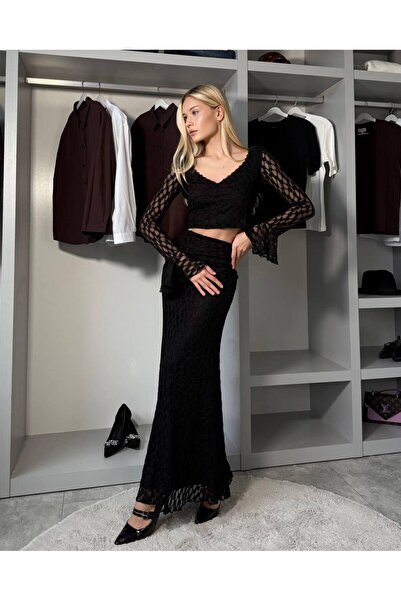 LOCH BUTİK Women's Lace Black Skirt Blouse Set