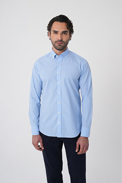 Bisse Men's Regular Fit Long Sleeve Pasha Collar Cotton Blue Shirt