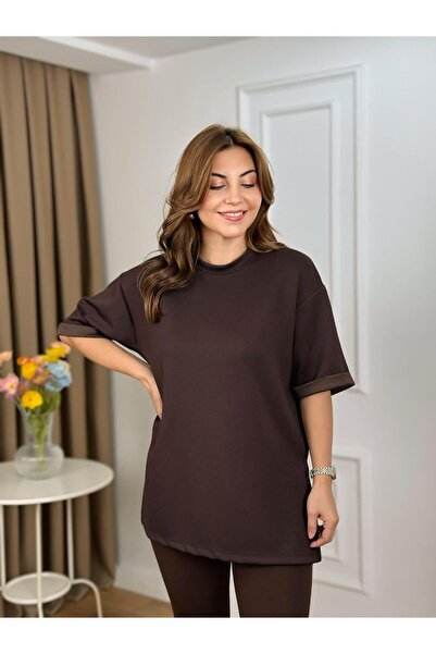 Masalkız Acı Kahve Bisiklet Yaka Double Kol Yandan Yırtmaçlı Modal Kumaş Tshi...