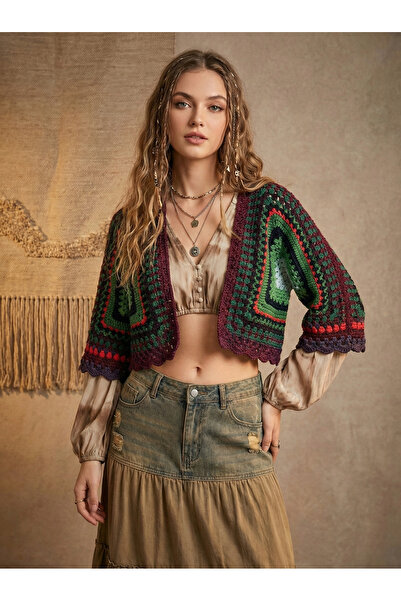Talinhandmade El Örgüsü Crop Motifli Hırka | Bohem El Yapımı Kısa Ceket | Vin...