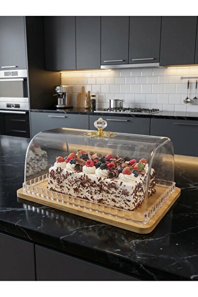 Florya Concept Bambu Tabanlı Şeffaf Kapaklı Sunumluk – Kek & Pasta Fanusu