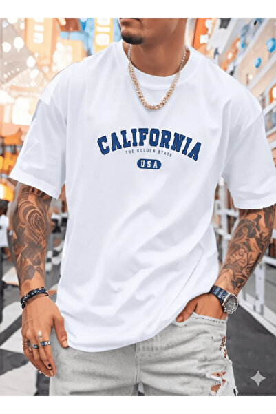 kahire تي شيرت كاليفورنيا بلو مطبوع فاخر كبير الحجم