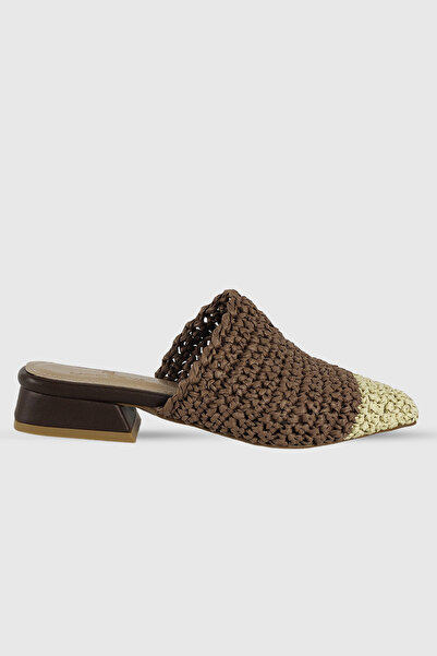 Modezya Elanor Brown Front Beige Knitted Women's Short Thick Heeled Slippers