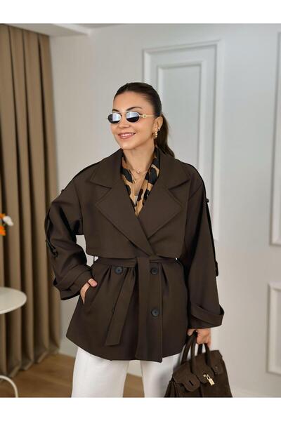 Masalkız Kahve Düğmeli Kuşaklı Astarlı Poliviskon Kumaş Trenchcoat 2393