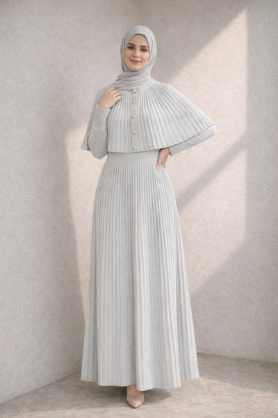 Kirazgym Poncho Cape Detailed Two-Piece Knitwear Hijab Dress - Stone