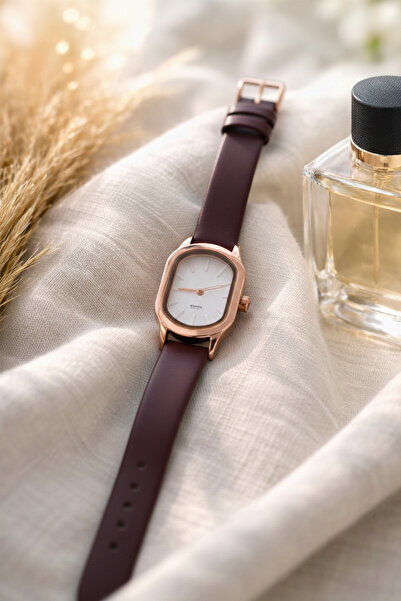 İnogge ساعة يد نسائية من مينيوس بحزام جلدي باللون الأحمر الداكن وعلبة صفراء