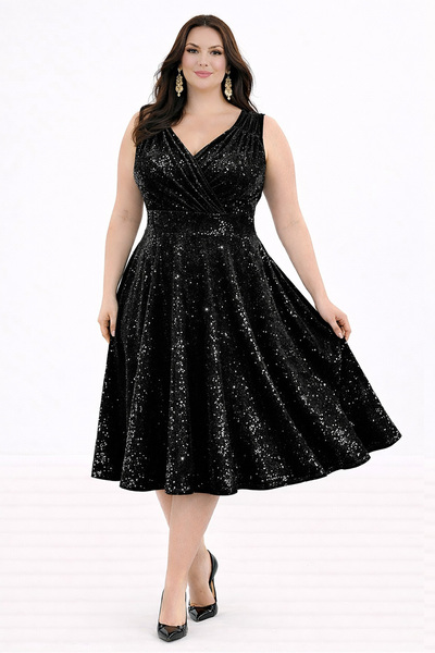 RURIS Women's Black Velvet Sequined Double Breasted Collar Flared Midi Length...