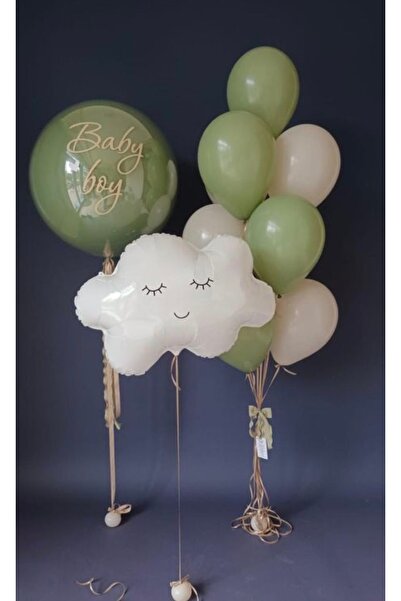 Çemrek Süs Parti Küf Yeşili Bej Bulut Balon Demeti Seti jumbo Balonlu 13 Parça