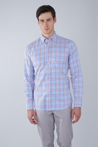 Bisse Long Sleeve Pasha Collar Single Pocket Orange Cotton Men's Shirt