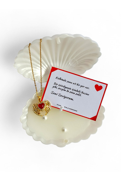 Tilde Sevgiliye Özel Hediye Seti | İstiridye Mum & Melek Kanadı Kalp Kolye (3...