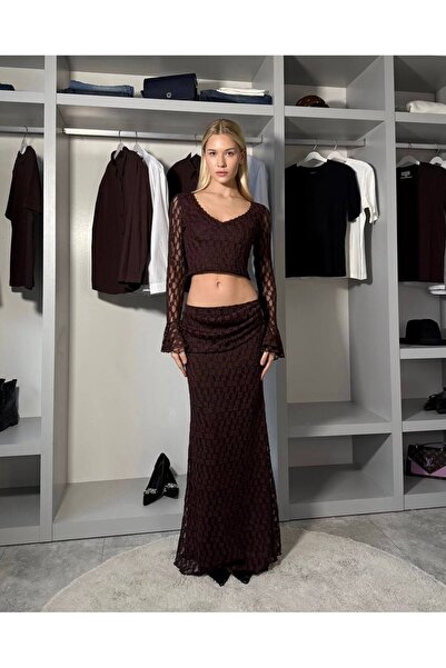 LOCH BUTİK Women's Lace Brown Skirt Blouse Set