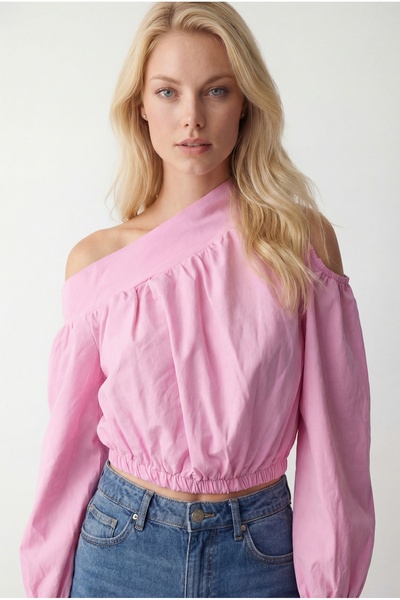 KENZA'A TRİKO Off-The-Shoulder, Elastic Waist, Boat Neck Blouse