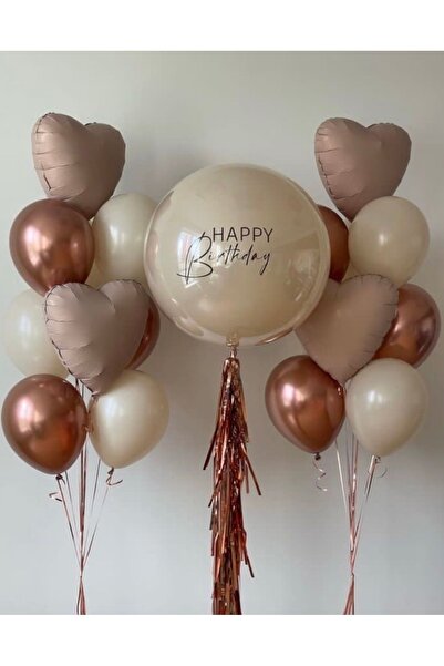 Çemrek Süs Parti 18 Inch Beige Kalp and Jumbo Balloon Set, Set of 26, Helyuma...