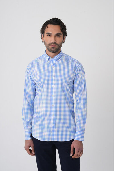 Bisse Men's Regular Fit Long Sleeve Pasha Collar Men's Regular Cotton Blue Shirt