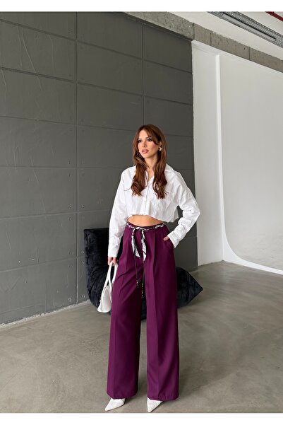 MODAMERSİ Women's Plum Color Wide Leg Pants with Scarf Belt
