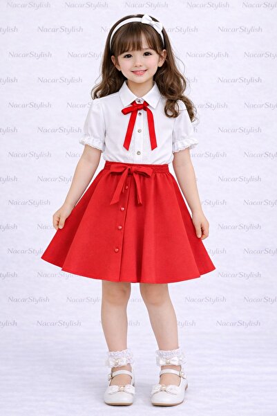 Nacar Kız Çocuk 23 Nisan 29 Ekim Dantel Detaylı Gömlek&Double Kumaş Düğmeli E...