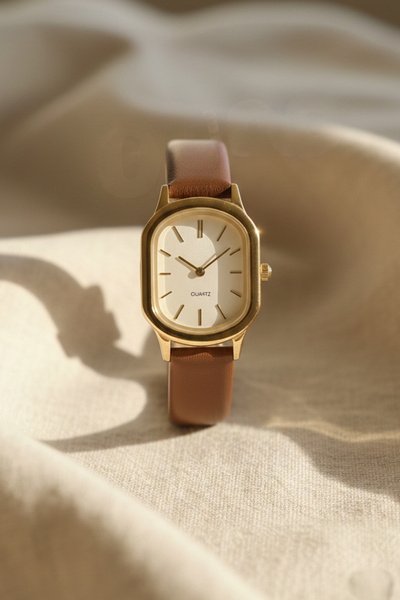 İnogge Minios Kahverengi Deri Kordonlu Sarı Kasalı Kadın Minimal Kol Saati