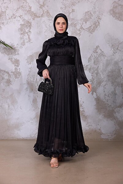 welting Fırfırlı Şifon Tesettür Abiye Siyah