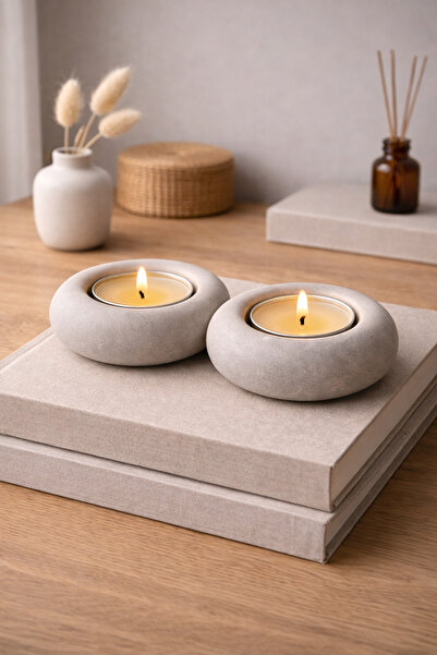Sabletscrafts 2’li Minimal Taş Mumluk Seti | El Yapımı Dekoratif Tealight Mum...
