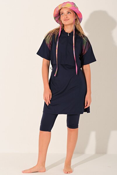 ALFASA Reglan Sleeve Detailed Half Sleeve Semi-Closed Swimsuit with Hat - Alf...