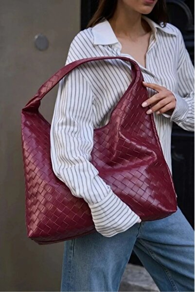 Zealous Women's Burgundy Knitted Patterned Large Faux Leather Women's Large S...