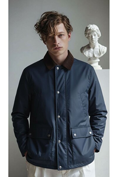 LTC Jeans Men's Navy Blue Coat with Waxed Lining and Velvet Collar