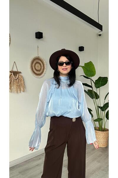 modadagiyim Women's Shirred and Ruffled Back Tie Chiffon Shirt Blouse with Ru...