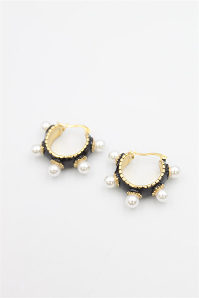 Mestore حلق مينايلي مرصع باللؤلؤ - أسود