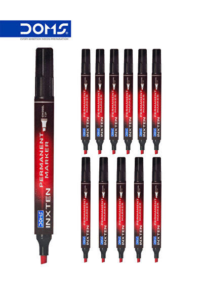 doms Permanent Marker Pen, Chisel Tip, Red Ink, INXTEN Series, Pack of 12