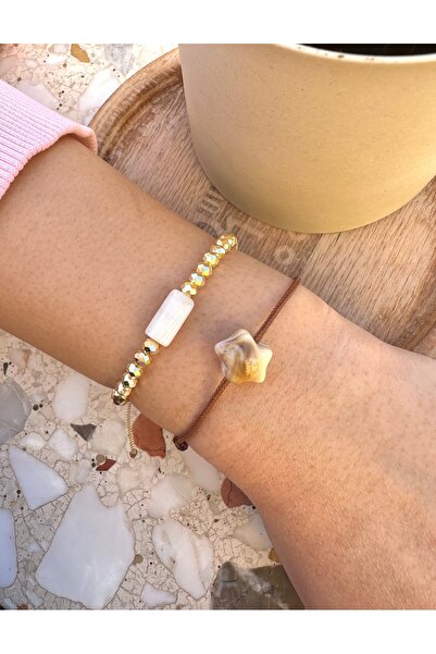 Atelier Çağla Double Brown Gold Crystal Moonstone Marble Look Star Bracelet C...