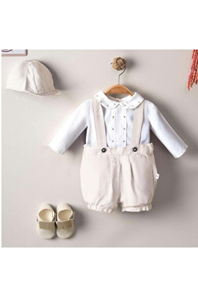 Generic Boys' 3-piece set: romper, hat, and shoes, beige color