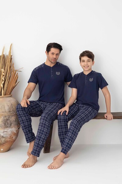 Tarık طقم بيجامة رجالي من القطن الممشط باللون الأزرق الداكن بنقشة مربعات وأكم...