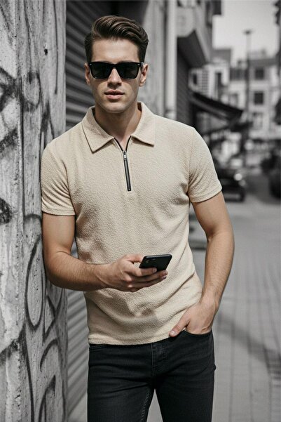 Oksit Robb Men's Half Zipper Textured Polo Collar Short Sleeve Slim Fit T-Shirt