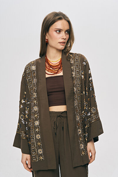 Orfeo Negro Κομψό γυναικείο κιμονό με λάμψη, παγιέτες και χάντρες στο μπροστι...