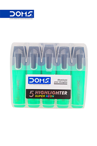 doms Highlighter Pen, Super Neon Green, Smear Resistant, Pack of 5