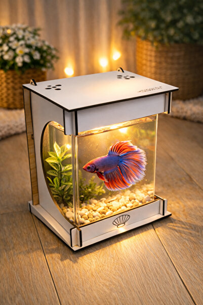 EMSE Beta Mini Ledli ışıklı Akvaryum Ahşap Tasarım Hediyelik Kişiye özel Üret...