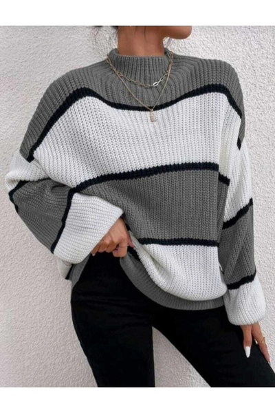 MetuCA Women's Gray White Black Striped Color Blocked Half Turtleneck Oversiz...