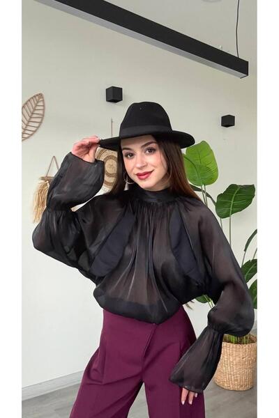 modadagiyim Women's Shirred and Ruffled Back Tie Chiffon Shirt Blouse with Ru...