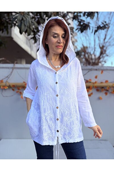 DenizEge Embroidered Pattern Shirt with Hood White
