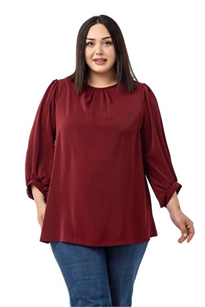 DISENTIS MODEST Plus Size Round Neck Three Quarter Drawstring Sleeves Relaxed...