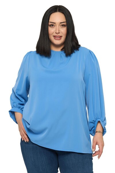 DISENTIS MODEST Plus Size Round Neck Three Quarter Drawstring Sleeves Relaxed...