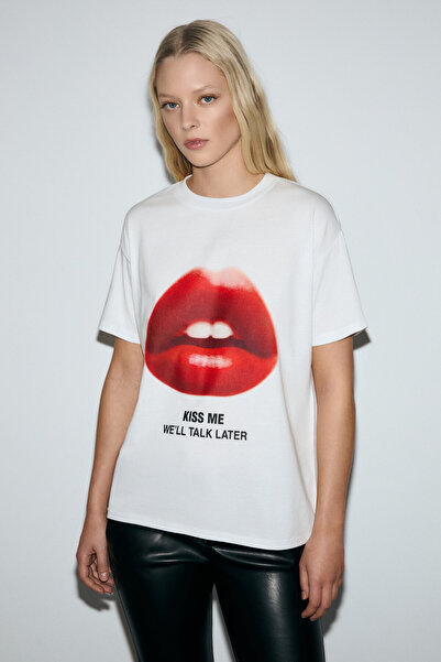 GRIMELANGE Salenna Women's Soft Fabric Print Detailed Regular Fit White T-Shirt