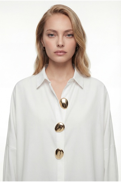 KENZA'A TRİKO Oversized Shirt with Gold Button Accessories