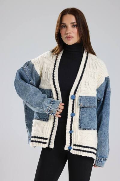 tw3 Women's Thick Knitwear Denim Garnished Design Jacket Cardigan