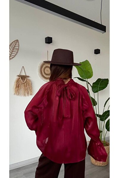 modadagiyim Women's Shirred and Ruffled Back Tie Chiffon Shirt Blouse with Ru...