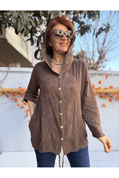DenizEge Embroidered Pattern Shirt Hooded Brown