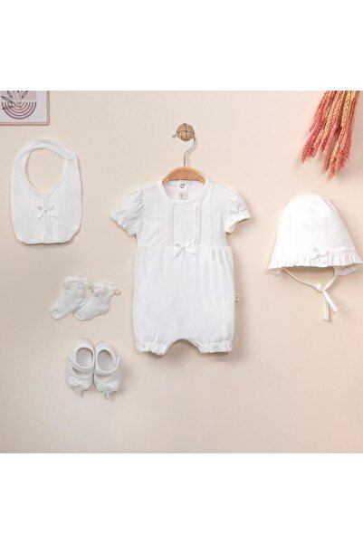 Generic Girls' 5-piece set: romper, hat, vest, socks, shoes, off-white color